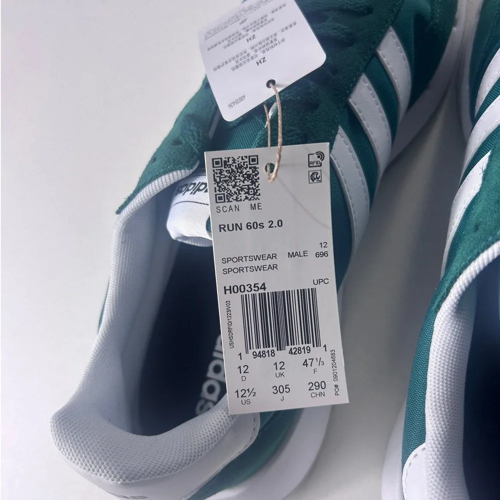 Adidas Run 60s 2.0 Mens Sneakers Size 12.5 Dark‎ Green and White H00354 NEW